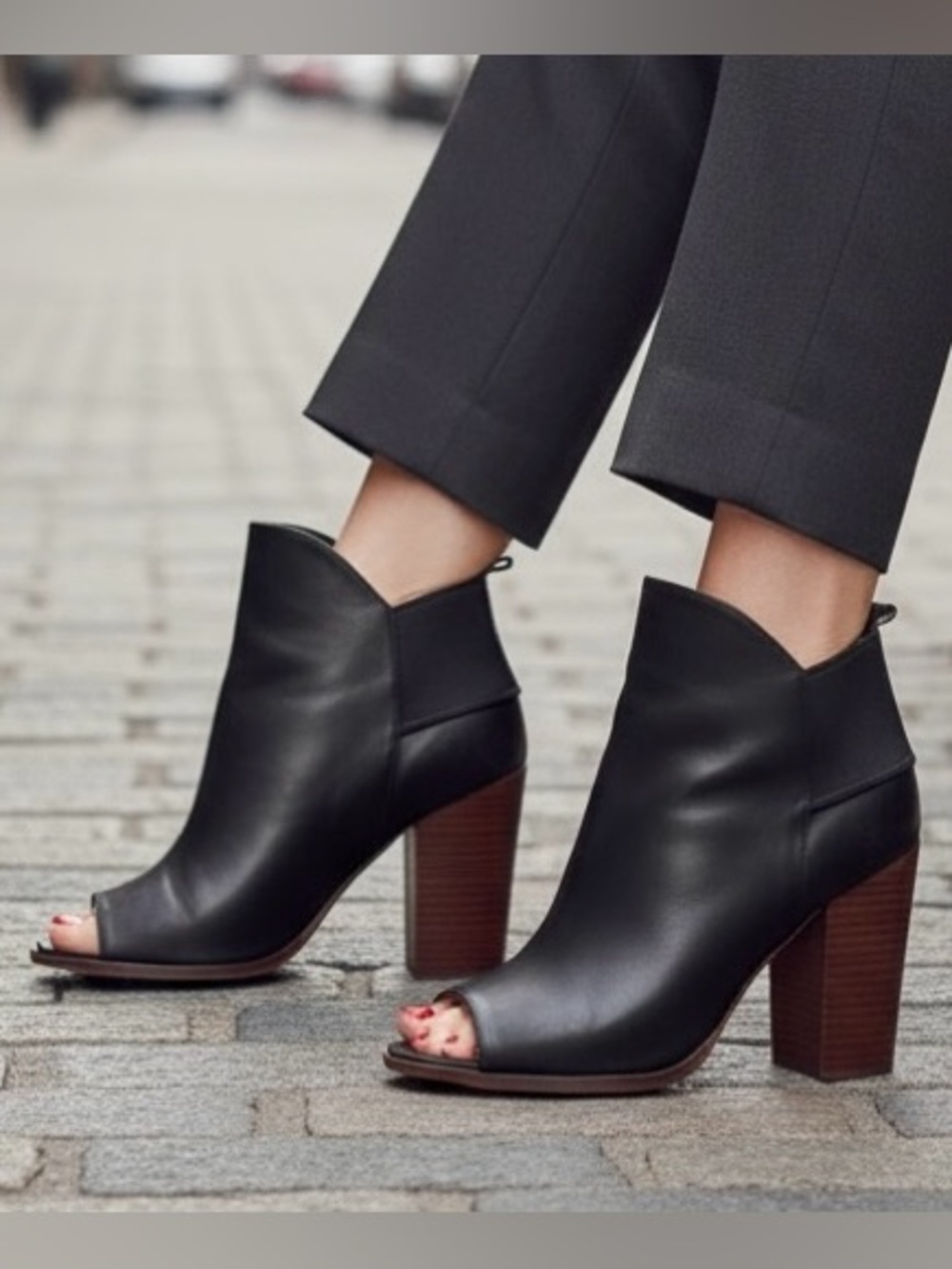 Kelsi Dagger Brooklyn Black Leather Open-Toe Ankle Boots, Stacked Heel, Size 7.5